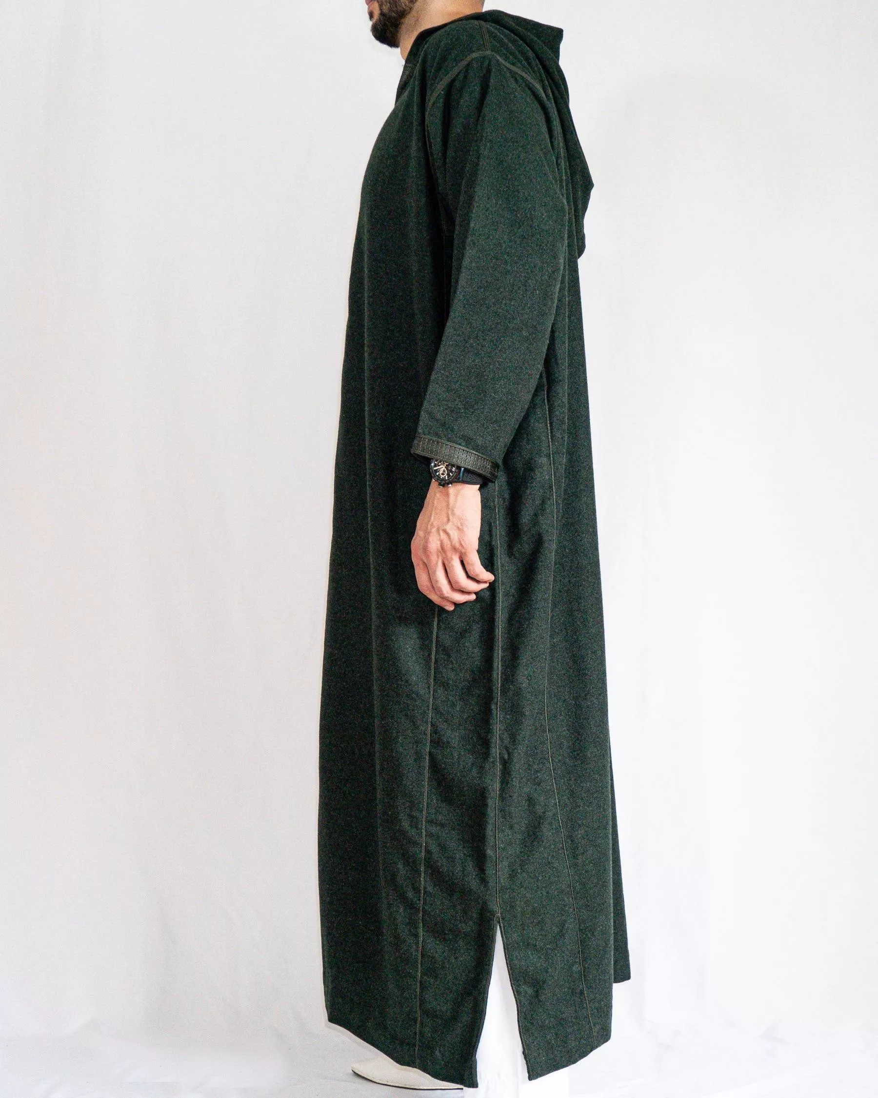 Djellaba homme hiver, coloris vert émeraude, vue de côté